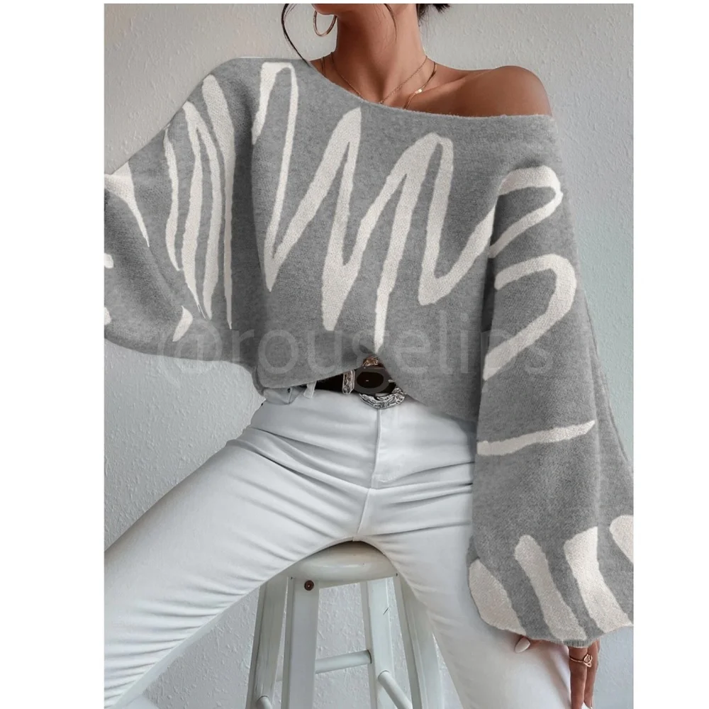 Knit Graphic Pullover Sweater Off White Grey Bishop Sleeve - Picture 1 of 10